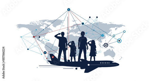 A silhouette family stands on an airplane with a world map background, featuring interconnected global networks, symbolizing international travel, family adventures, and worldwide connections.