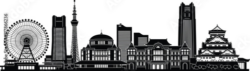 Tokyo skyline silhouette with famous landmarks including ferris wheel, towers, modern buildings and traditional castle in detailed black and white vector illustration