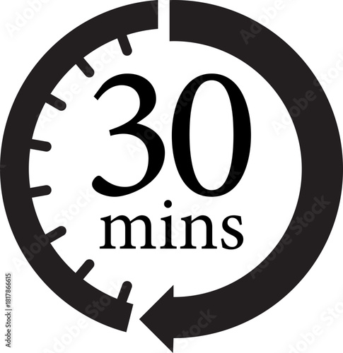 Minute Timer Icon.Minute interval circular arrow vector. Countdown timer symbol.Alarm clock symbol. Watch countdown and Stopwatch sign. Simple express pictogram collection. Label cooking time.