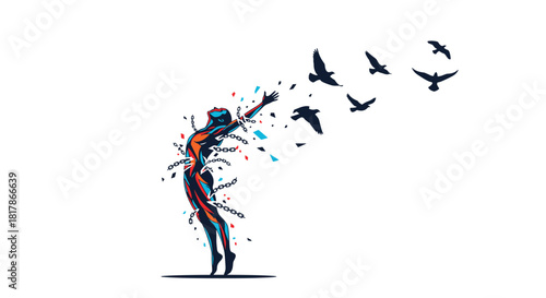 A colorful stylized human figure breaks free from confining chains as birds fly into the open air, symbolizing freedom and new beginnings.