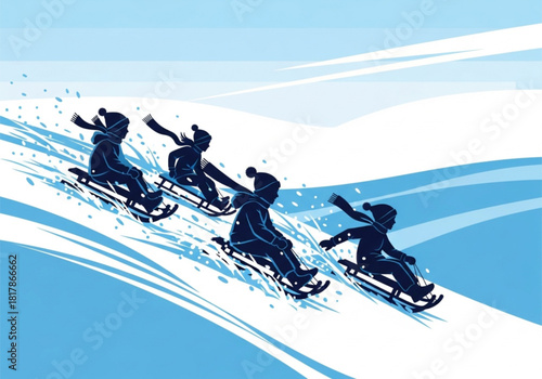 Silhouette illustration of four people sledding down a snowy hill.