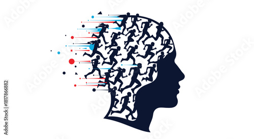 Human head silhouette filled with running figures, some breaking away with colorful motion trails, symbolizing active thoughts and mental energy.