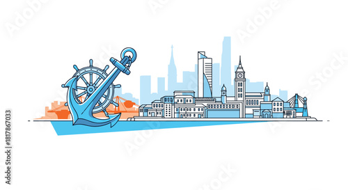 Line art illustration of a port city skyline, featuring an anchor and ship's wheel, symbolizing maritime industry, global trade, and urban waterfront life.