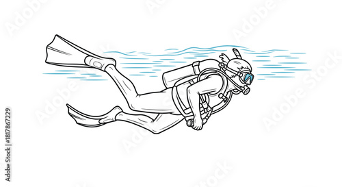 An illustration of a scuba diver equipped with fins, mask, and tank, gracefully swimming just below the water's surface.