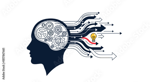 Intricate gears inside a human head symbolize the thought process, generating ideas and creative solutions, with one path leading to a bright innovation.