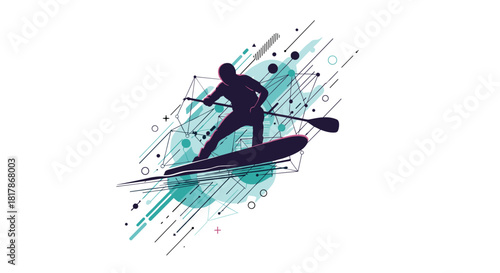 Dynamic silhouette of a stand-up paddleboarder engaged in water sports, set against an abstract, geometric background with teal and dark lines.
