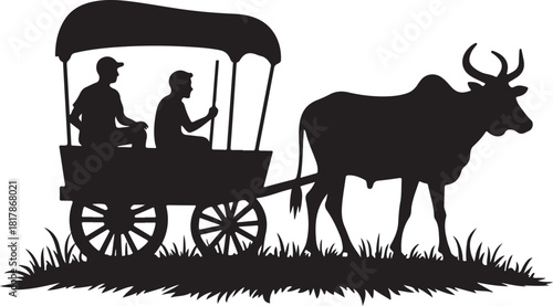 Black silhouette of bullock cart with two people and grass