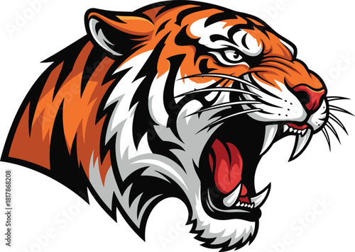 Roaring tiger head illustration, aggressive wild animal mascot, fierce predator artwork, bold orange tiger graphic, expressive wildlife design