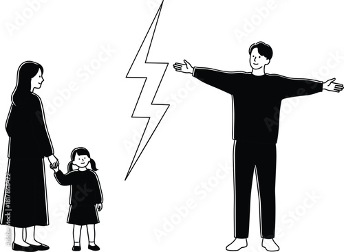 Separated parents illustration, family conflict with child, custody dispute concept, co-parenting problem, unhappy family situation, emotional parent-child separation artwork