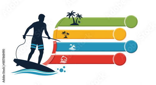 Silhouette of a man paddleboarding on a surfboard, alongside colorful infographic banners featuring beach and tropical vacation icons.