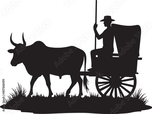Black silhouette of man driving ox cart through grass