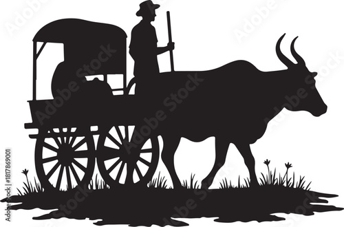 Black silhouette of ox cart with driver and passenger
