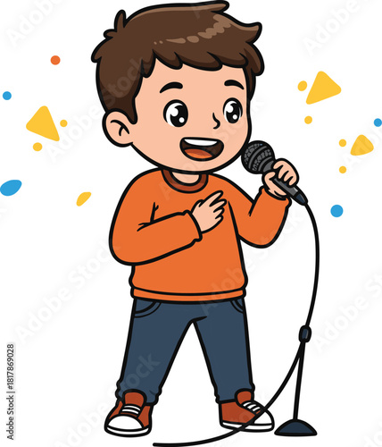 Cartoon child singing into microphone on stage with confetti background, joyful performance illustration for kids music, talent show, entertainment vector