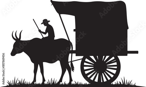 Black silhouette of ox cart with driver on white background