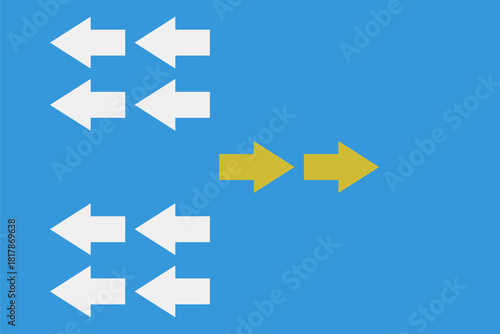 many white arrows moving back and two yellow forward, leadership or new way concept, past or future choice