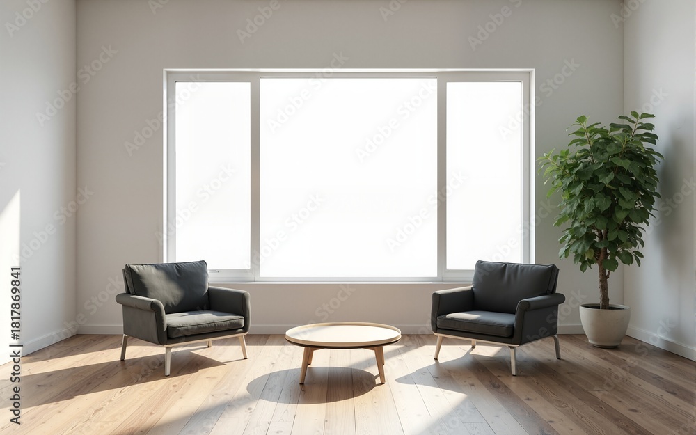 Fototapeta premium Neutral room with a wide window, ideal for virtual meetings or professional calls. High quality