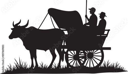Black silhouette of ox cart with two people and grass