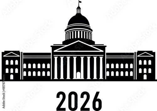 Vector Illustration of US Capitol Building Silhouette with 2024 for Election, Politics, and Government Design