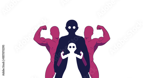 A dark silhouette of a person with a smaller white child inside, both flexing, flanked by two muscular adults, symbolizing inner strength and growth.