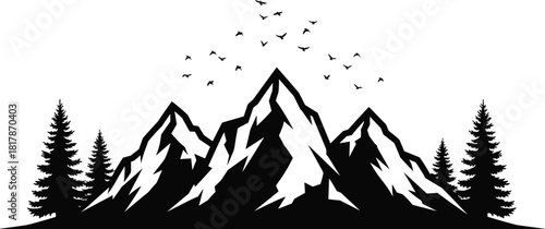 Mountain silhouette, forest trees, flying birds, nature landscape, wilderness scene, outdoor adventure, alpine peaks, minimalist design, black and white illustration