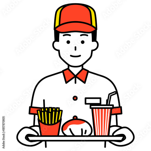ハンバーガーセットを運ぶファストフード店の男性店員