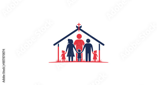 A multi-generational family stands united under a house-shaped roof with a cross, symbolizing faith, home, and communal support.