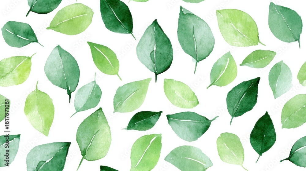 Obraz premium A vibrant watercolor pattern featuring various green leaves, showcasing their shapes and shades on a white background.