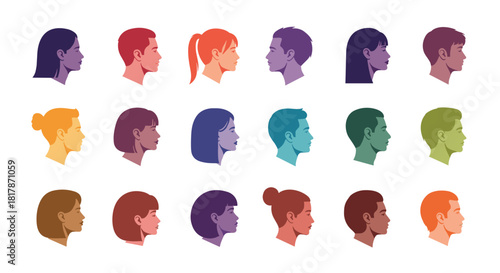 A colorful collection of diverse human head profiles in minimalist flat design, featuring various genders, hairstyles, and skin tones.