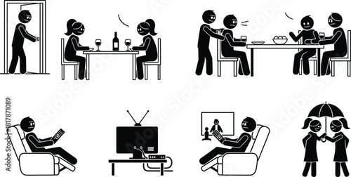 People interaction icons set, social activities illustration, dining and leisure scenes, friendship and communication graphics, everyday lifestyle symbols collection