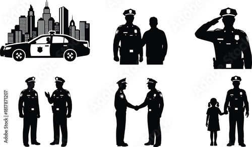 Police officer silhouettes with patrol car, city skyline, salute pose, handshake, community protection scene, law enforcement teamwork illustration