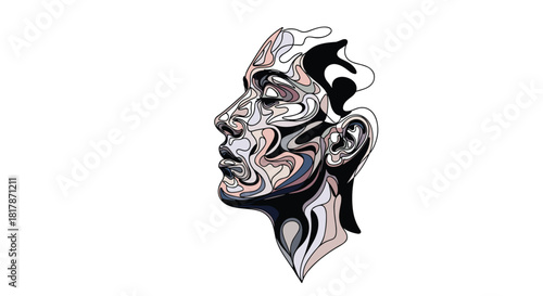 Stylized side profile of a human head depicted with an intricate, flowing pattern of multi-colored abstract shapes and dark outlines.