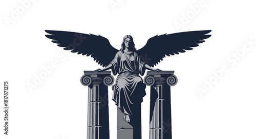 A stylized graphic illustration of a majestic winged woman, possibly an angel or goddess, sitting gracefully between two classical columns.