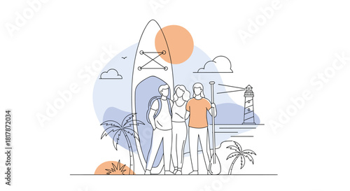 Three friends with a paddleboard and paddle on a sunny beach, ready for a summer adventure by the lighthouse.