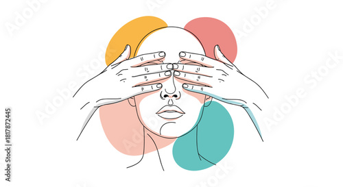 Minimalist line art illustration of a person covering their eyes with both hands, surrounded by abstract colorful shapes.