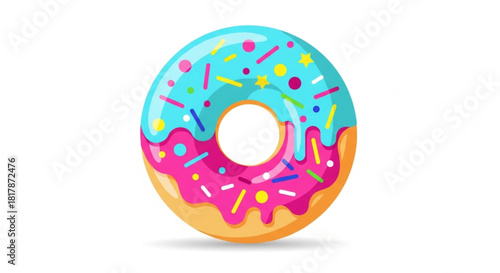 Clean flat-vector doughnut with colorful icing and sprinkles, simple shadowing, bold shapes, isolated on a white background.