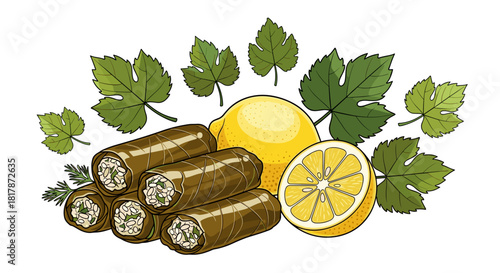Dolma with grape leaves and lemon vector illustration, ethnic food concept, Mediterranean cuisine, white background