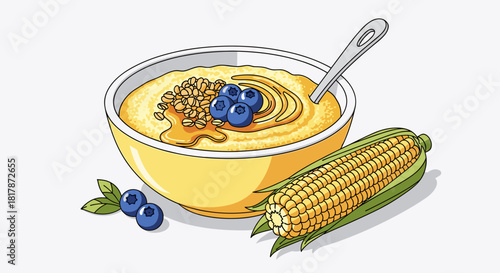 Cornmeal porridge bowl vector illustration, breakfast food concept, wholesome morning meal design