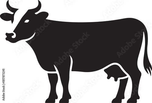 Black silhouette of a cow standing on a white background