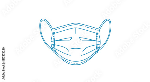 Simple blue line art illustration of a protective disposable medical or surgical face mask with ear loops, isolated on white.