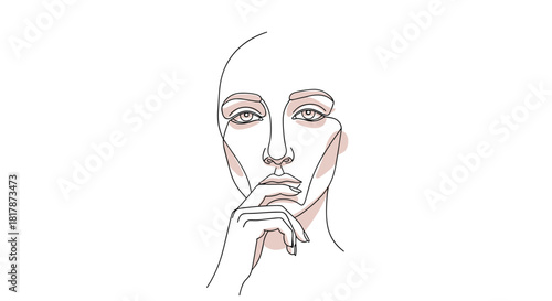 Minimalist line art drawing of a pensive woman's face with a hand touching her lips, isolated on a white background with subtle color accents.