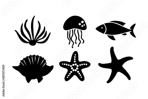 Sea creatures silhouettes isolated on, including fish and starfish
