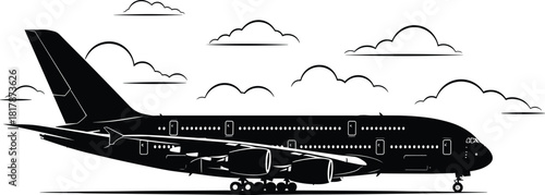 Large passenger airplane illustration, commercial jet silhouette on runway, aviation travel concept artwork, modern aircraft design with clouds