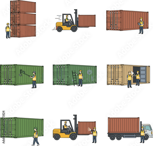 Logistics workers handling cargo containers with forklifts, trucks, inspections, loading and unloading operations in shipping yard industrial transportation scene