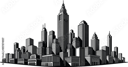Modern city skyline illustration, detailed skyscraper silhouette, urban architecture design, metropolitan cityscape art, high-rise buildings panorama, downtown skyline drawing