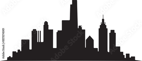 Black silhouette of a modern city skyline against a white background