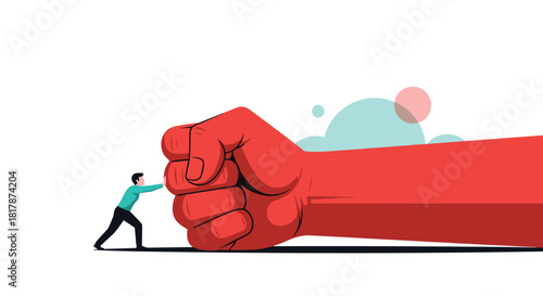 A small person pushing against a giant red fist, symbolizing personal struggle, determination, and the challenge of overcoming powerful obstacles.