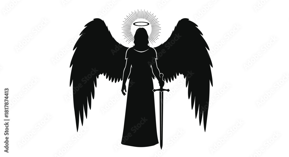 Fototapeta premium A striking silhouette of a powerful angel with large, feathered wings, a luminous halo, and a resolute stance, holding an upright sword.