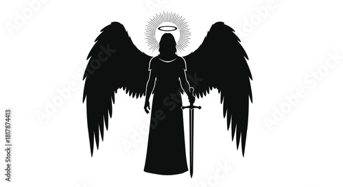 A striking silhouette of a powerful angel with large, feathered wings, a luminous halo, and a resolute stance, holding an upright sword.