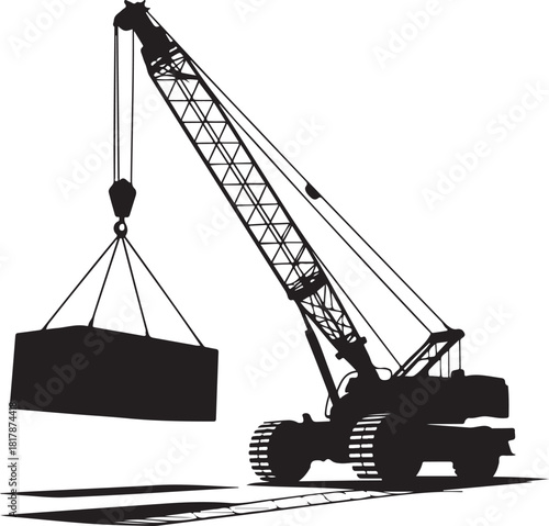 Silhouette of a mobile crane lifting a heavy load against a white background