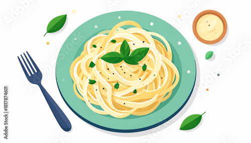 Illustration of spaghetti with basil on a plate, with a fork and sauce.